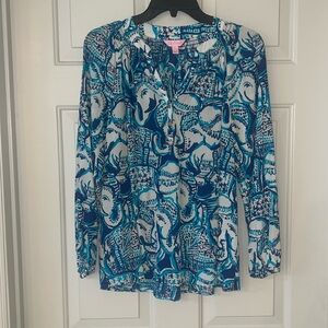 Lilly Pulitzer 100% Silk Elephant Print Shirt Size Small